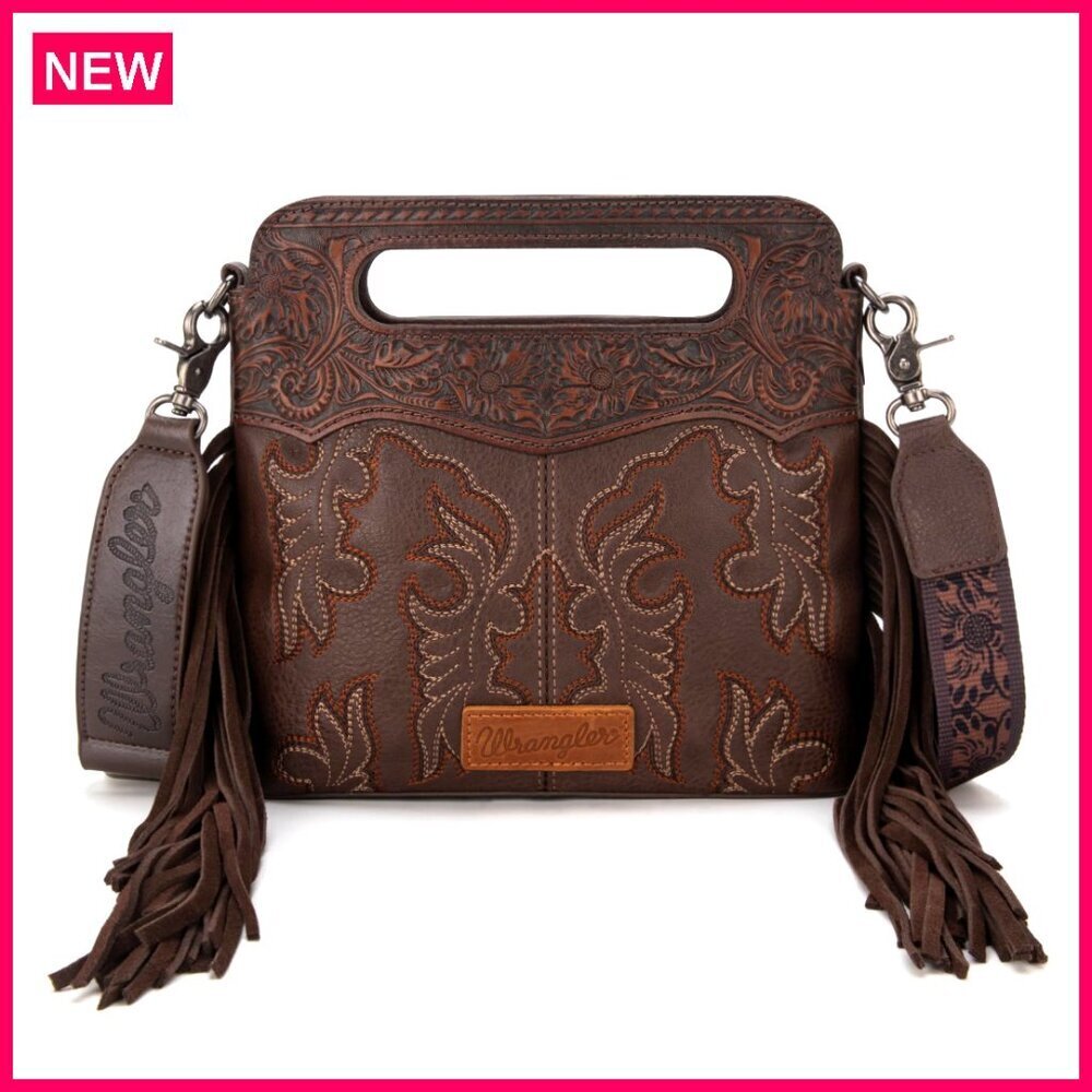 Western Fringe Crossbody Bag with Embroidered Boot Design, Adjustable Strap